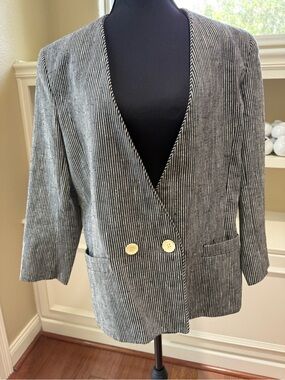 Vintage Linen Blend Structured 12 Black & White Striped Lightweight Blazer